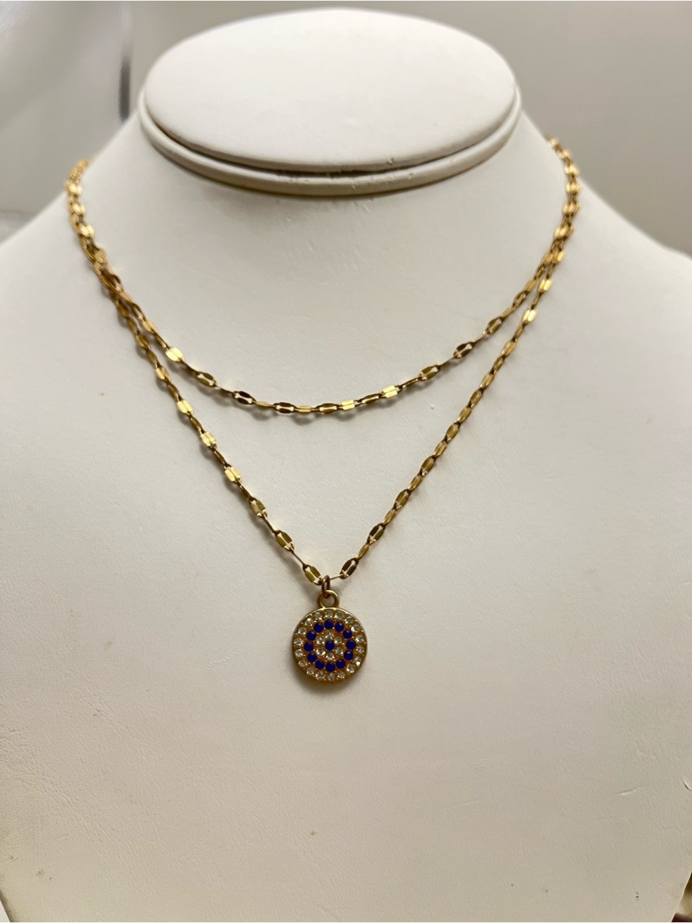 Gold Tone Double Layer Evil Eye Necklace Blue Crystal Disc Pendant Layered